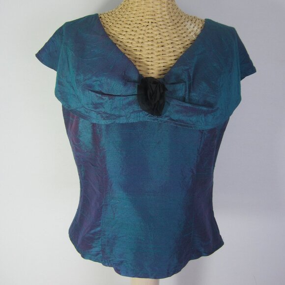 Vtg Karen Warren Women 6 Blue Silk Sleeveless Top Shirt Iridescent Rosette  S - Picture 1 of 6